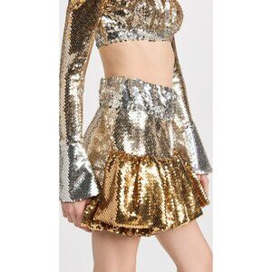Paco Rabanne Gold Silver Tiered Sequin Mini Skirt 36 Ruffle Hem Futuristic Glam